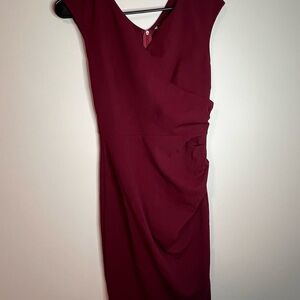 Miusol Red Sheath Midi Dress with V-neck and Cap Sleeves for Cocktail